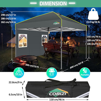 COBIZI 10x10 Pop up Canopy Tent with Sidewalls One Person Setup, Easy Outdoor Commercial Event Gazebo Shelter Enclosed Waterproof with Air Vent, 4 Sandbags for Garden,Party,Grey