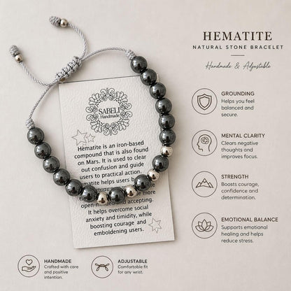Sabeli Handmade Bracelets Real Natural Stones Healing Protection Focus 8mm Bead Adjustable Macrame Women Men Gemstone Gift (Hematite)