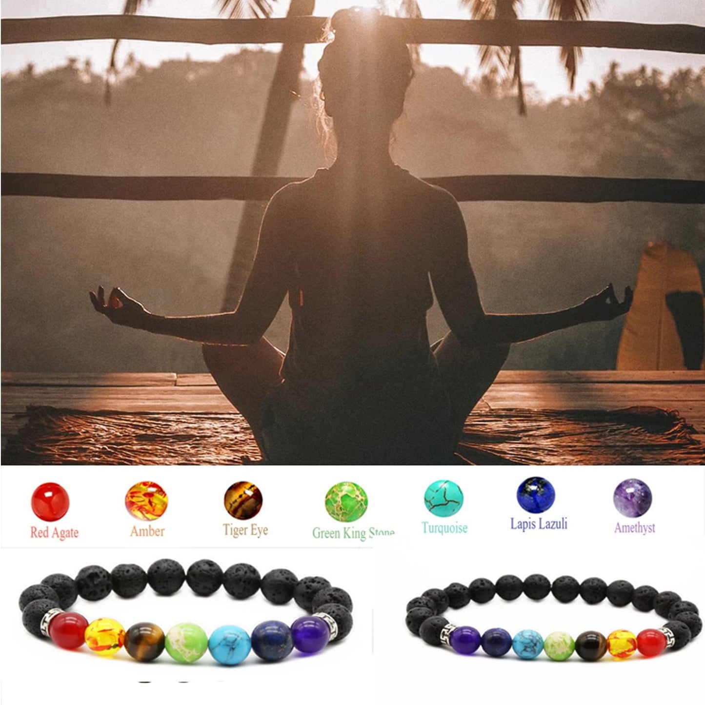 HEDQFM 2pcs 10mm 8mm Lava Rock 7 Chakra Bracelet Aromatherapy Essential Oil Diffuser Bracelets Couples Yoga Beads Bracelet Lava Stone Stretch Bracelet for Men Women