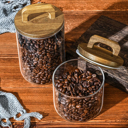 Glass Food Storage Containers, Clear Decorative Organizer Bottle Canister Pantry Jar with Air Tight Wooden Lid, Glass Jar With Lid for Coffee Bean Candy Cookie Noodles Nuts Spices etc, 27oz/800ml
