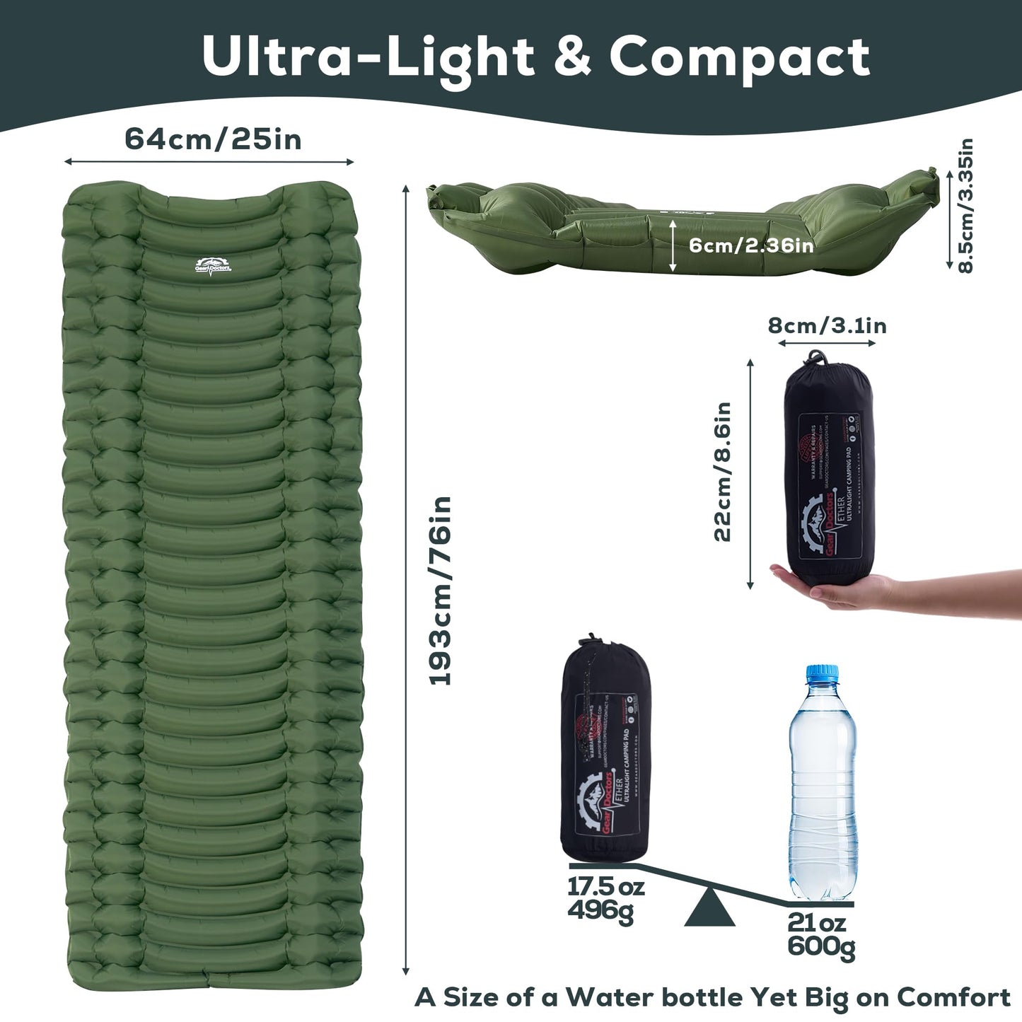 Gear Doctors® Ether 17.5oz Ultralight Camping Sleeping Pad – Backpacking Air Mattress – Camping Mattress Pad – Compact Inflatable Sleeping Mat for Backpacking, Comfortable Outdoor Hiking, Tent, Travel