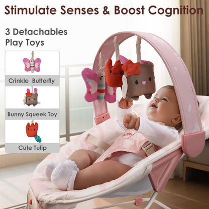 Baby Bouncer – Baby Bouncer seat, Infants Bouncy Seat with Music & Sensory Toys, Machine Washable Seat Pad Indoor Infant Seat, Ideal for Newborns 0-6 Months, 20lbs (Pink Floral)