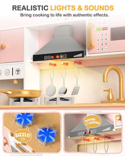 Babytronic Wooden Play Kitchen Set, Pretend Play Kitchen with Lights and Sounds for Kids Ages 3+, Includes Stove, Oven, Microwave, Coffee Maker, and Accessories, Toy Kitchen Set for Toddlers (Pink)
