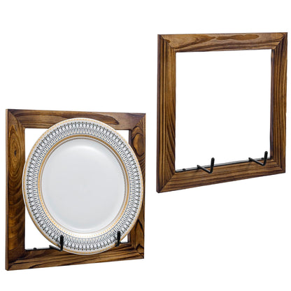MyGift Set of 2 Wall Mounted Single Plate Holders with Decorative Wooden Frame, Rustic Burnt Solid Wood Display Racks and Black Metal Wire Hanger Hooks for 8 to 11 Inch Plates
