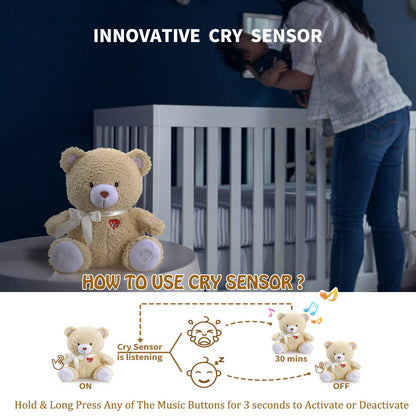 BEREST Sleeping Bear Baby Sleep Soother- Mom's Heartbeat White Noise Machine Infant Stuffed Animal Bear Toy Sleeping Aid, Nursery Decor with Baby Cry Sensor, Night Light, 9 Soothing Sounds Therapy