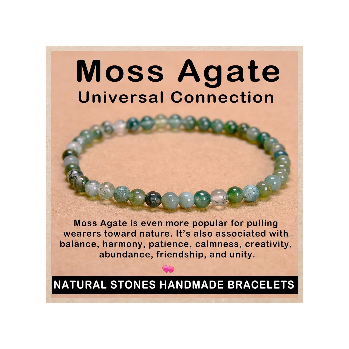 AD Beads Handmade Gemstone Stretch Elastic Bracelet Crystal Healing Reiki Nature's Beauty and Spiritual Essence Unisex (4mm, Moss Agate (Universal Connection))