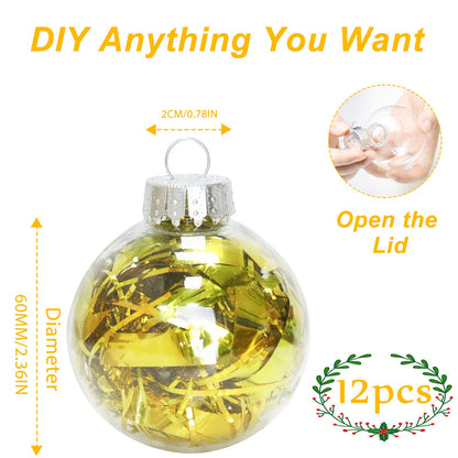 12Pcs 60mm Clear Plastic Christmas Ball Ornaments 2.36'' Round Clear Plastic Fillable Bulb DIY Craft Ornaments Shatterproof Xmas Tree Hanging Balls for Holiday, Wedding, Birthday, Christmas Wreath