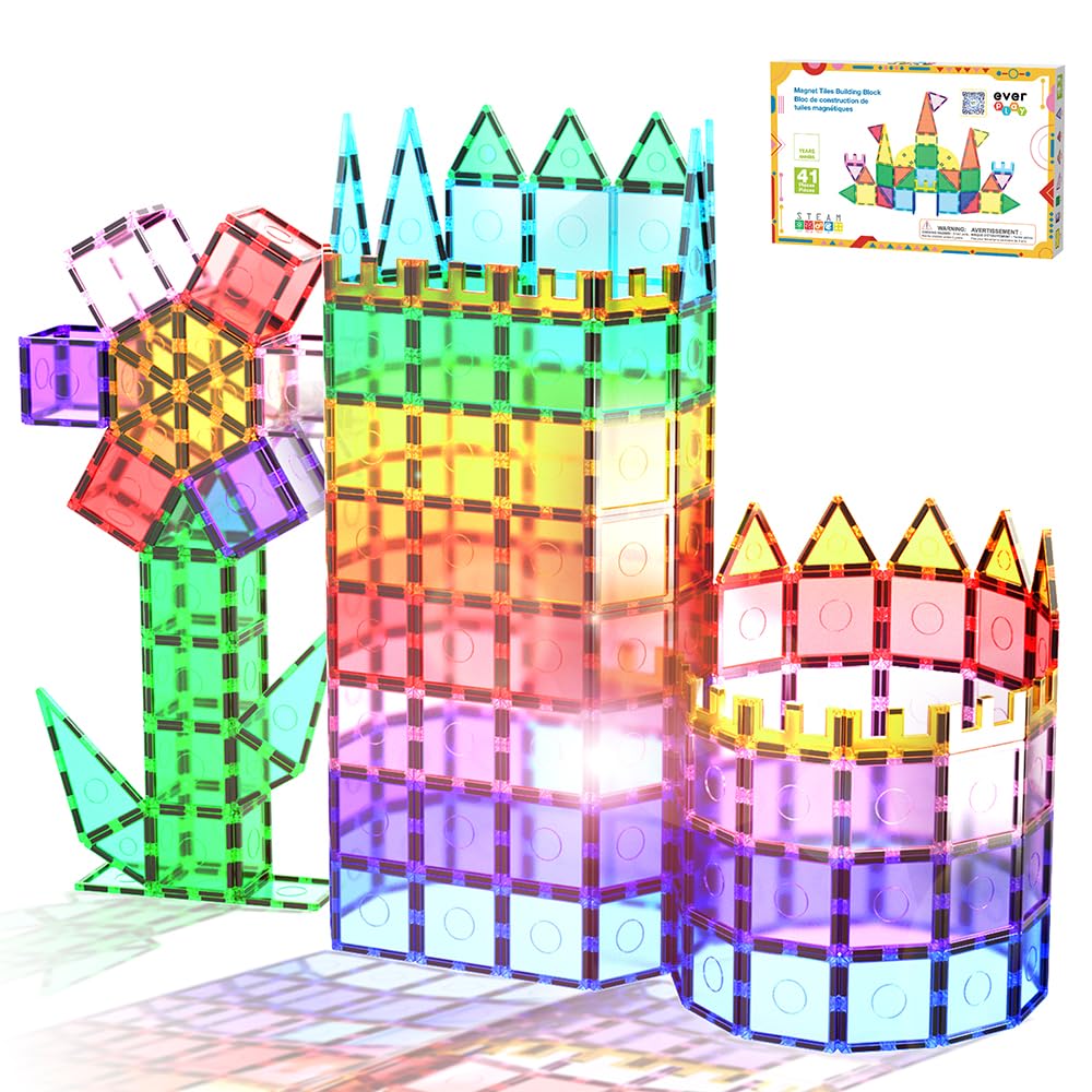 Everplay Magnetic Tiles Starter Set Building Blocks Toys STEM Educational Learning Magnet Toy Preschool Montessori Boys & Girls Smart Unlimited Creative Kit Games Gifts for Age 3+ Kids Toddlers