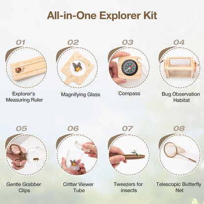 Wooden Bug Catcher Kit for Kids, 16-in-1 Outside Toys for Toddlers STEM Outdoor Explorer Set with 3-Way Observation Habitat, Butterfly Net, Magnifying Glass, Educational Gift for Boys Girls Ages 3-8