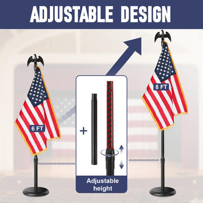 Indoor Flag Pole and Stand,8FT Flagpole Kit with Base Eagle Topper 3x5 FT American Flag,Heavy Duty Indoor Flag Pole for City Hall/Businesses/Office/Auditorium/School/Home