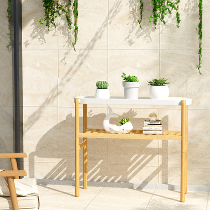 HoVoit Bamboo Plant Stands Indoor, 2 Tier Steel Tray Plant Table Tall Corner Multiple Plant Holder Display Rack for Outdoor Garden Home
