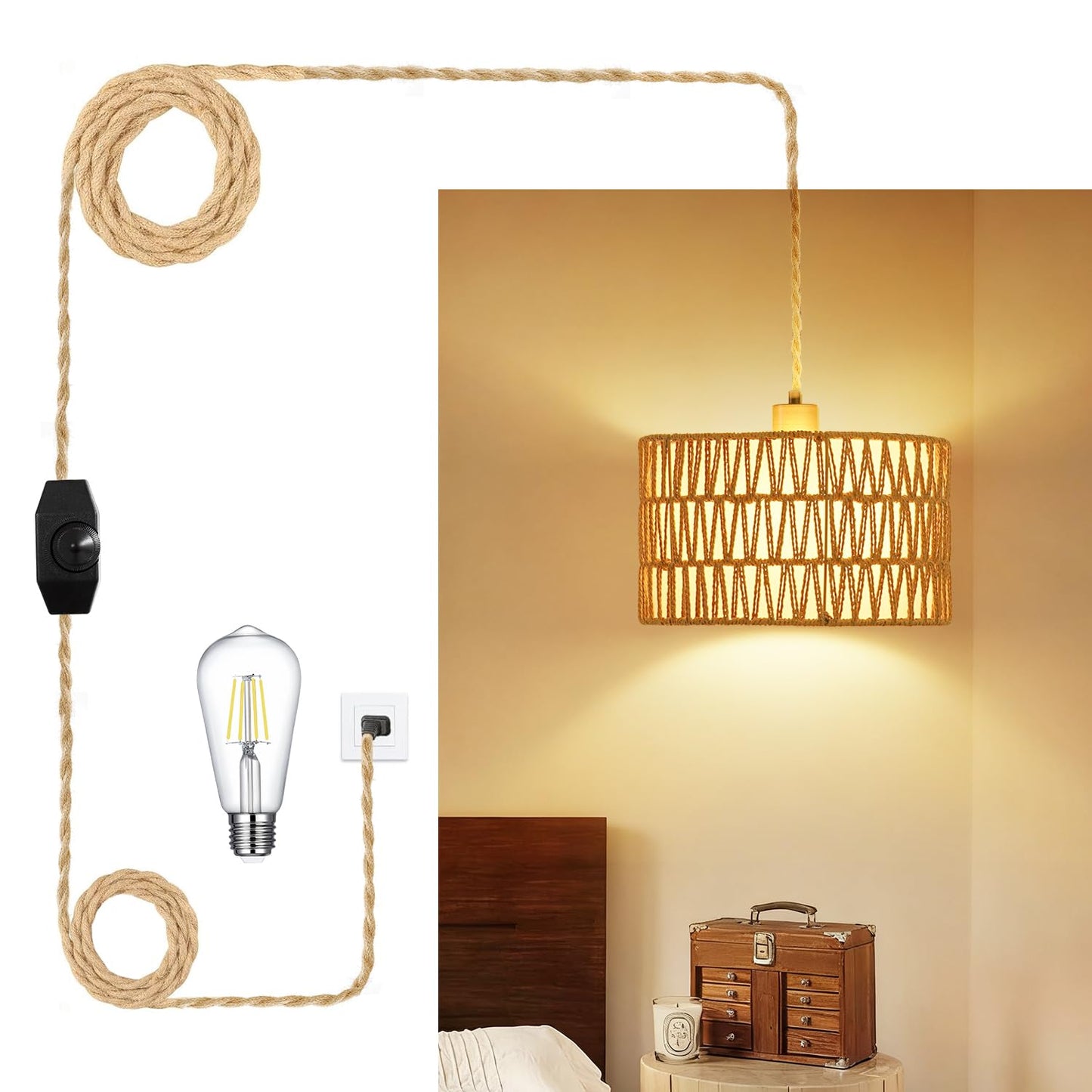 Vannise Dimmable Boho Hanging Lights with Plug in Cord 14.7ft，2 in 1 Shade Plug in Pendant Light Rattan Hanging Lamp with E26 Bulb, Long Lasting Wicker Plug in Pendant lamp Fixture for Living Bedroom