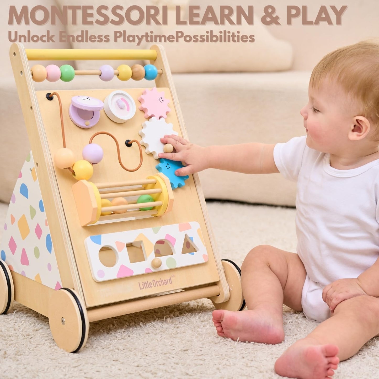 Little Orchard Baby Wooden Baby Walker with Upgraded Adjustable Speed Control, Montessori Activity Push Walker with Wheels, Baby Walker Toy for Toddlers, Gift for Boys & Girls 1 Year Old