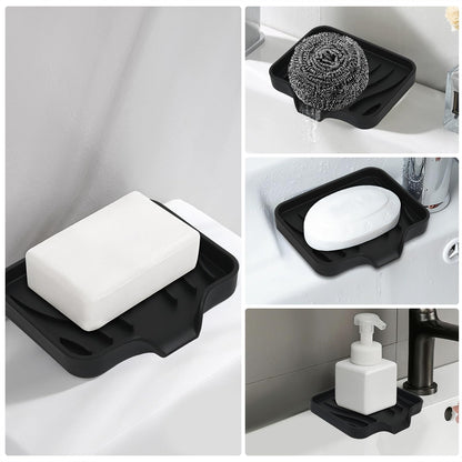 2 Pack Silicone Soap Dish with Drain, Bar Soap Holder for Shower,Bathroom and Kitchen Sink Organizer,Self Draining Waterfall Soap Tray (Black)