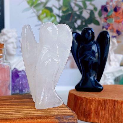 QINJIEJIE Clear Crystal Guardian Angel Decor - Carved Pocket Polished Gemstone Statue - Peace Figurine for Spiritual Healing, Meditation, Protection - Gift for Angel Lovers