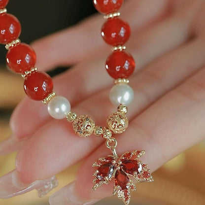 WETMT Fall Bracelet for Women Crystal Maple Leaf Charms Bracelet Gold Red Jade Stretch Bracelet Autumn Thanksgiving Beaded Bracelet Natural Stone Bracelet Vintage Fall Jewelry