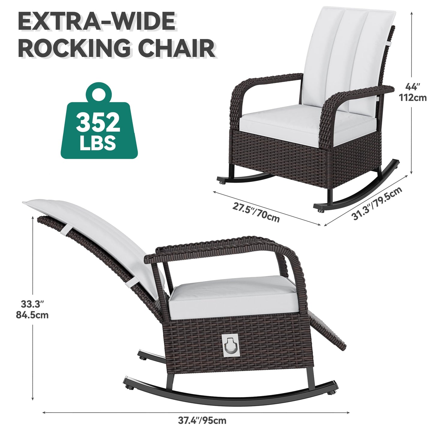 YITAHOME Outdoor Rocking Chair, Wicker Lounge Chair with Adjustment Backrest, PE Rattan Patio Recliner with Adjustable Footrest and Soft Cushions, Ideal for Garden Backyard Porch Patio