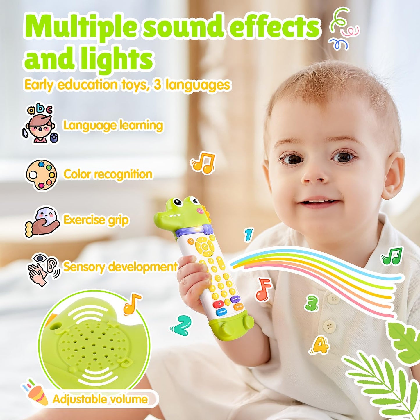 WeeHomm Baby Remote Control Toy, TV Remote Toy for Baby with Realistic Light and Sounds - 3 Languages (English, Spanish & French), Baby Musical Toys Gifts for Boys Girl 6 Month+