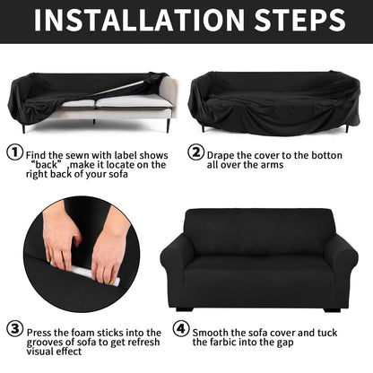 Peryiter 3 Pcs Slipcover Set for Couch Furniture Covers for Sofa Loveseat Couch Arm Chair, Form Fit Stretch, Wrinkle Free, Furniture Protector(Black,Milk Silk Spandex)