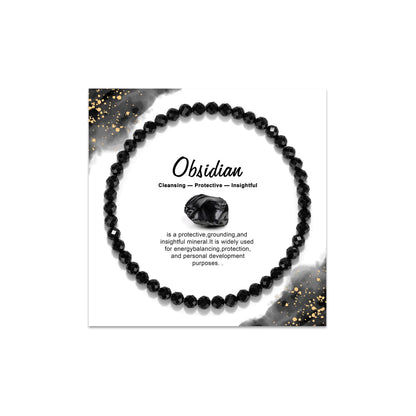 GolbalJew Natural Gemstone Beads Bracelets Healing Crystal Stone Beaded Bracelet for Women Men Handmade Spiritual Jewelry Gifts, 4mm Obsidian Faceted Round Beads