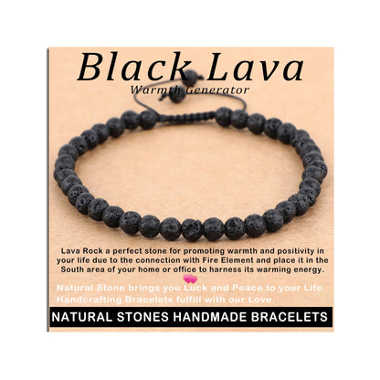 AD Beads 4mm Black Lava - Warmth Generator - Handmade Natural Stone Crystal Bracelet with Adjustable Macrame String - Yoga Healing Power Energy Gifts for Men and Women