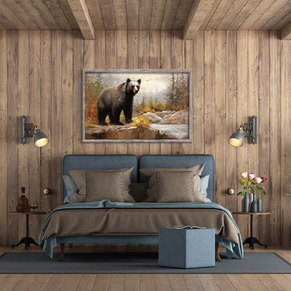 Framed Bear Picture Wall Art: Large Wild Animal Prints Woodland Wildlife Artwork Rustic Farmhouse Wood Painting for Living Room Bedroom