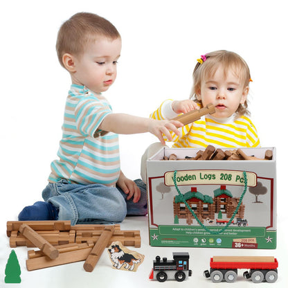 Wondertoys 208 Pcs Wooden Log Set - Classic Building Logs Ages 3+ - Best Retro Building Gift Set for Boys - Creative Construction Engineering Educational Gifts