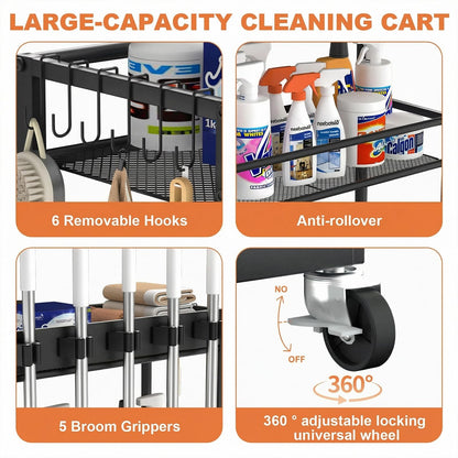 Multifunctional Mobile Cleaning Station, Rolling Cleaning Cart and Cleaning Tool Station with 5 Mop Grippers, 6 Hooks for Laundry Room, Kitchen, Garage, Garden and Pool Area Cleaning Storage