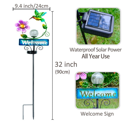 FOMOMDI Hummingbird Garden Decorations for Outside, Solar Waterproof Stake Lights with Welcome Sign for Yard Lawn Patio Pathway, Warm Gifts for Mom Grandma Housewarming (Hummingbird)