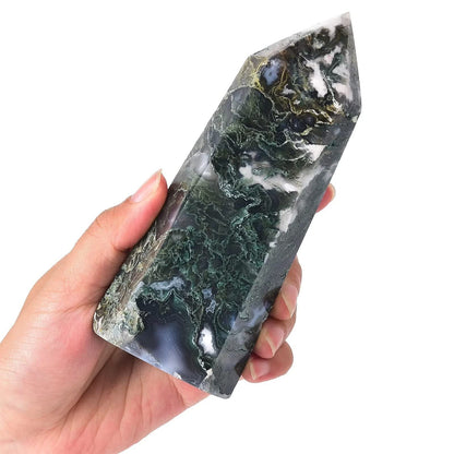 AMOYSTONE Large Healing Crystal Obelisk Towers Moss Agate Point Wand Home Decor Reiki Healing 1.1-1.7 LBS