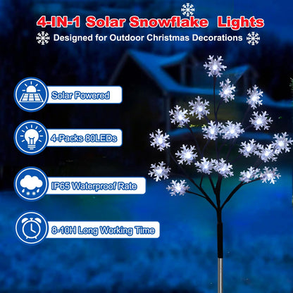 4-Pack 80LEDs Solar Christmas Snowflake Stake Lights, 8 Modes Solar Snowflake Christmas Decorations Outdoor Lights, Waterproof Outdoor Xmas Decorations for Garden Yard Pathway Walkway