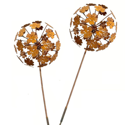 Lidengle 2 Pack Metal Flower Stakes for Outside, 3D Rusty Metal Plants Garden Statues Yard Art, Outdooor Decorative Garden Stake for Flower Bed Lawn Balcony Flower Pot (Style 2)