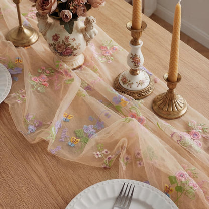 Windkream Champagne Floral Table Runner 10ft Embroidery Tulle Spring Wildflower Table Runner Seasonal Summer Butterfly Kitchen Dining Gauze Decoration for Wedding Baby Shower Birthday Party (1 Pcs)