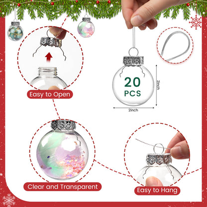 JOHOUSE 20PCS Clear Ornament Balls Fillable, 2 Inch Christmas Ornaments Balls Fillable Plastic Ball Ornament for DIY Crafts Xmas Tree Party Decor