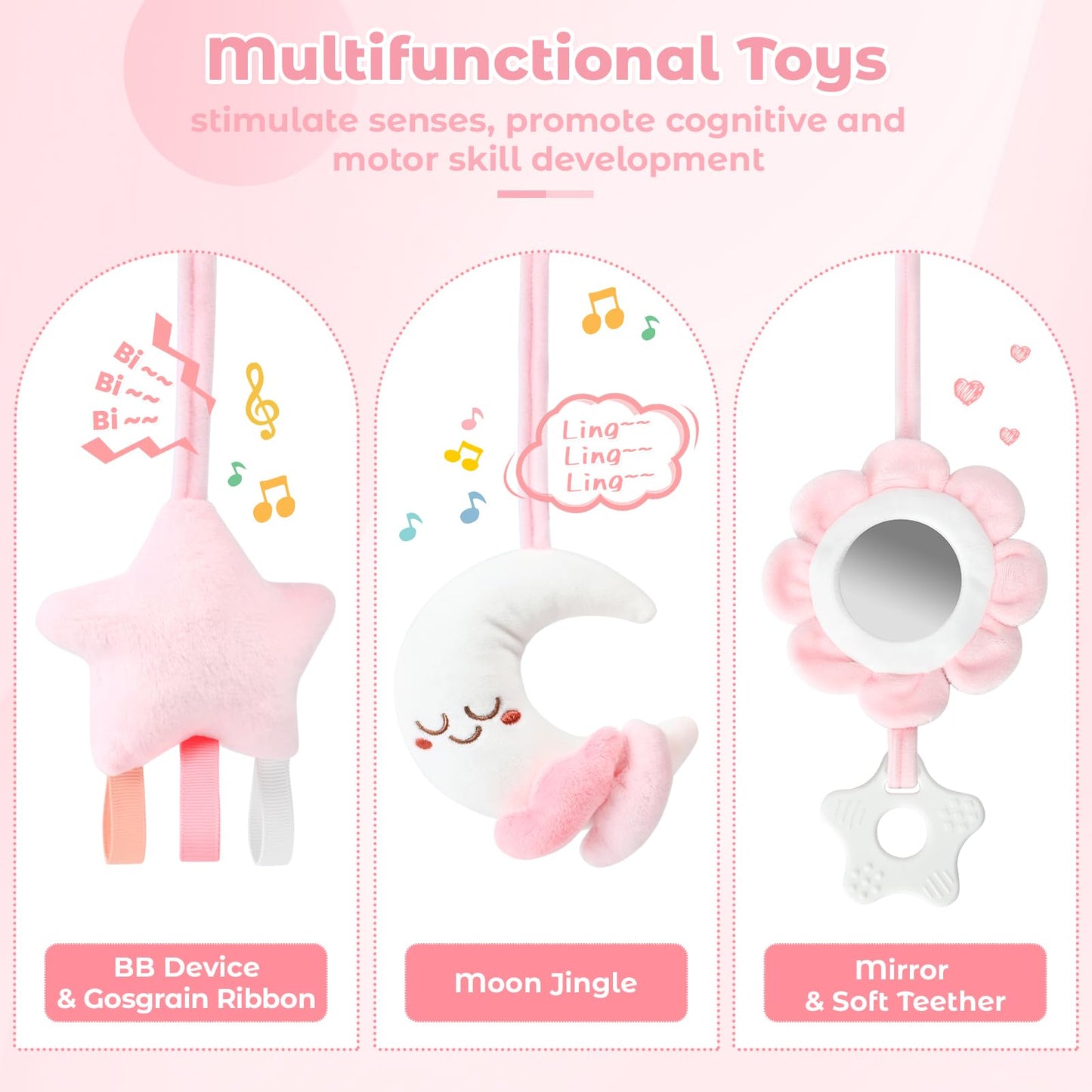 Yierchoo Spiral Car Seat & Stroller Activity Toy, Crib Hanging Rattles Toys for Ages 0-12 Months, Mirror, Textured Ribbons, Squeaky Carseat Stroller Toys, Newborn Baby Girl Gifts