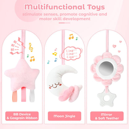 Yierchoo Spiral Car Seat & Stroller Activity Toy, Crib Hanging Rattles Toys for Ages 0-12 Months, Mirror, Textured Ribbons, Squeaky Carseat Stroller Toys, Newborn Baby Girl Gifts