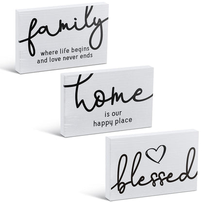 Jetec 3 Pcs Family Home Blessed Rustic Wood Sign Mini Wood Decorative Farmhouse Woodworks Table Shelves Decorations Sign for Bedroom Kitchen Living Room Table Decor(White,4.25 x 2.76 x 0.59 in)