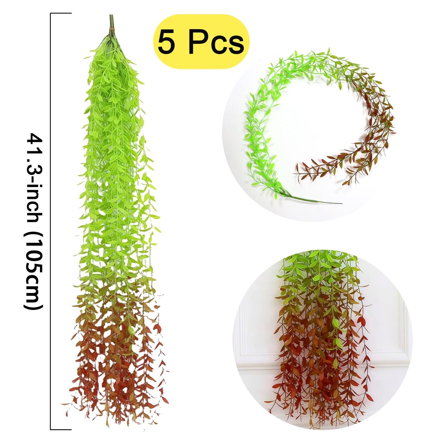 AQUGOO 5 Pcs Artificial Green Leaves Vines,Hanging Plants,Fake Vines Plastic Ivy,Wedding Wreaths, Indoor and Outdoor, Garden,Ladder Stand Decorations (Red-Tailed)