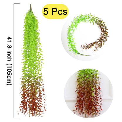 AQUGOO 5 Pcs Artificial Green Leaves Vines,Hanging Plants,Fake Vines Plastic Ivy,Wedding Wreaths, Indoor and Outdoor, Garden,Ladder Stand Decorations (Red-Tailed)