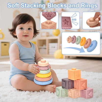Baby Toys 6-12 Months,Montessori Toys for 6-9-12 Month old,6-in-1 Sensory Toys Stacking Cups Building Blocks,Teething Pull String,Tissue Box Toys for Babies 6-9-12,18-24 Months,1-3 Year old Baby Gifts