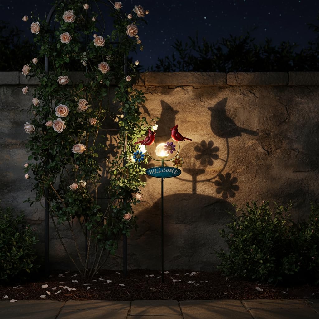 Newinhome Solar Garden Stakes Metal Welcome Signs for Outside 29.5', 2 Flying Cardinals with Cracked Glass Ball,Decorative Garden Stakes for Lawn, Patio, Cardinal Gifts for Women
