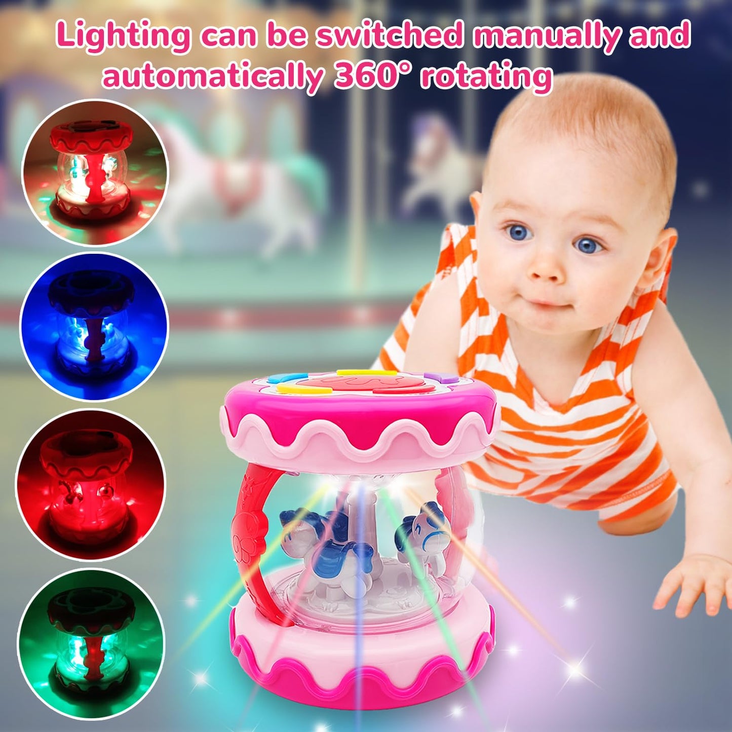 LDRYWW Baby Girl Toys 18+ Months Hand Drum Rotating Musical Light Up Sensory Activity Crawling Toys 2 3+ Year Old Infant Girls Baby Gifts (Pink)