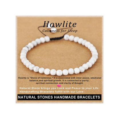 AD Beads 4mm Howlite - Calmness for Sleep - Handmade Natural Stone Crystal Bracelet with Adjustable Macrame String - Yoga Healing Power Energy Gifts for Men and Women
