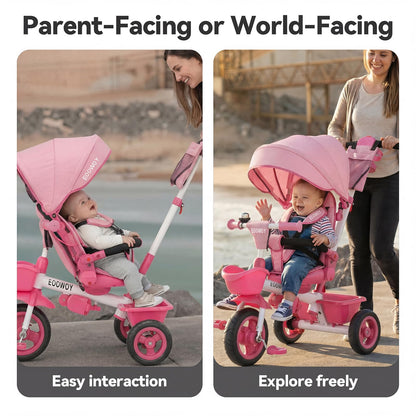 EOOWOY Toddler Tricycle with Push Handle, 7 in 1 Stroller Trike with 360° Swivel Seat, Reclining Backrest, All-Terrain Wheels, Dual Brakes, Canopy & Storage, Gift for Kids 18 Months to 5 Years, Pink