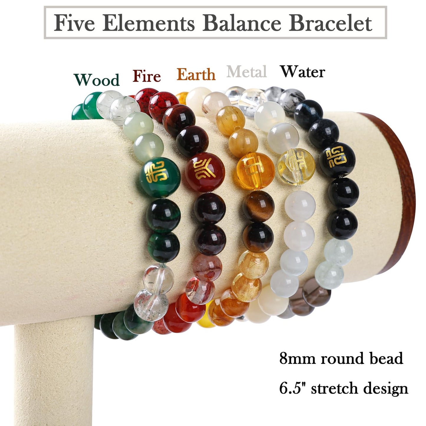 Moslovstar 6.5 inch Five Elements Bracelet for Women, White Elegant Moonstone Bracelet Feng Shui Balance 8mm Round Beads Healing Crystal Gifts