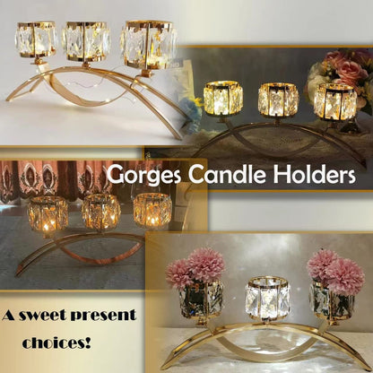 3 Arms Crystal Bowl Tealight Candelabra Votive Candle Stand, Candlestick Holders Wedding centerpieces for Tables Crystal Candlestick，Centerpiece Table Decorations (Gold)
