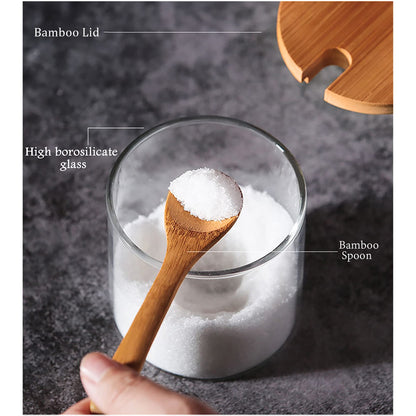 FANTESTICRYAN 3 PCS Stylish Simple Condiment Canisters Pots Set, Decorative Storage Seasoning Glass Container Box with Bamboo Spoon Lid and Base for Home Kitchen café Storing Salt Sugar Pepper Spice
