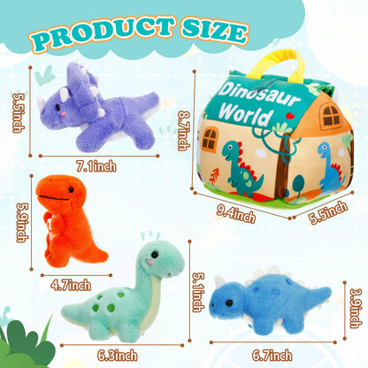 LaRandom 5 Pcs Dinosaur Plush Toys Set with Carry House, 4 Small Stuffed Dinosaurs and Playmat Bag for Dino Birthday Party Favors Goodie Bag Fillers Stocking Stuffers Classroom Prize Gifts