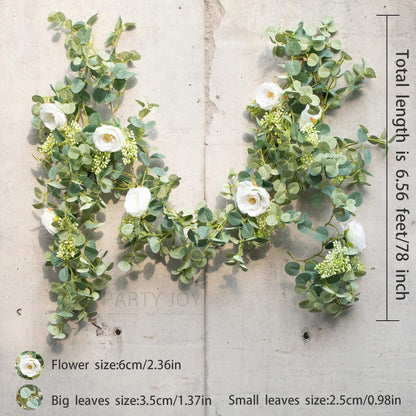 PARTY JOY 6.56ft Eucalyptus Garland with Flowers-8 White Roses, Artificial Fake Flowers Greenery Garland Floral Vines for Decoration Party Wedding Table Indoor Outdoor Backdrop Wall Decor(White)