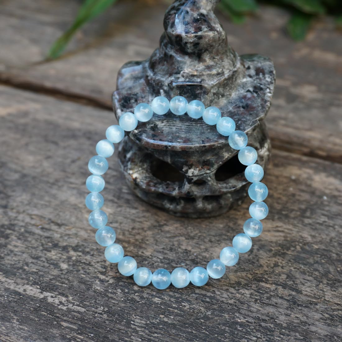 Natural Selenite Bracelet 6mm | Aqua Blue | Crown Chakra Crystal with Cat-eye Effect | Handmade Meditation Healing Bracelet for Women Men | Beading Tool Kit - Fits for 6-7 inch Wrist Size